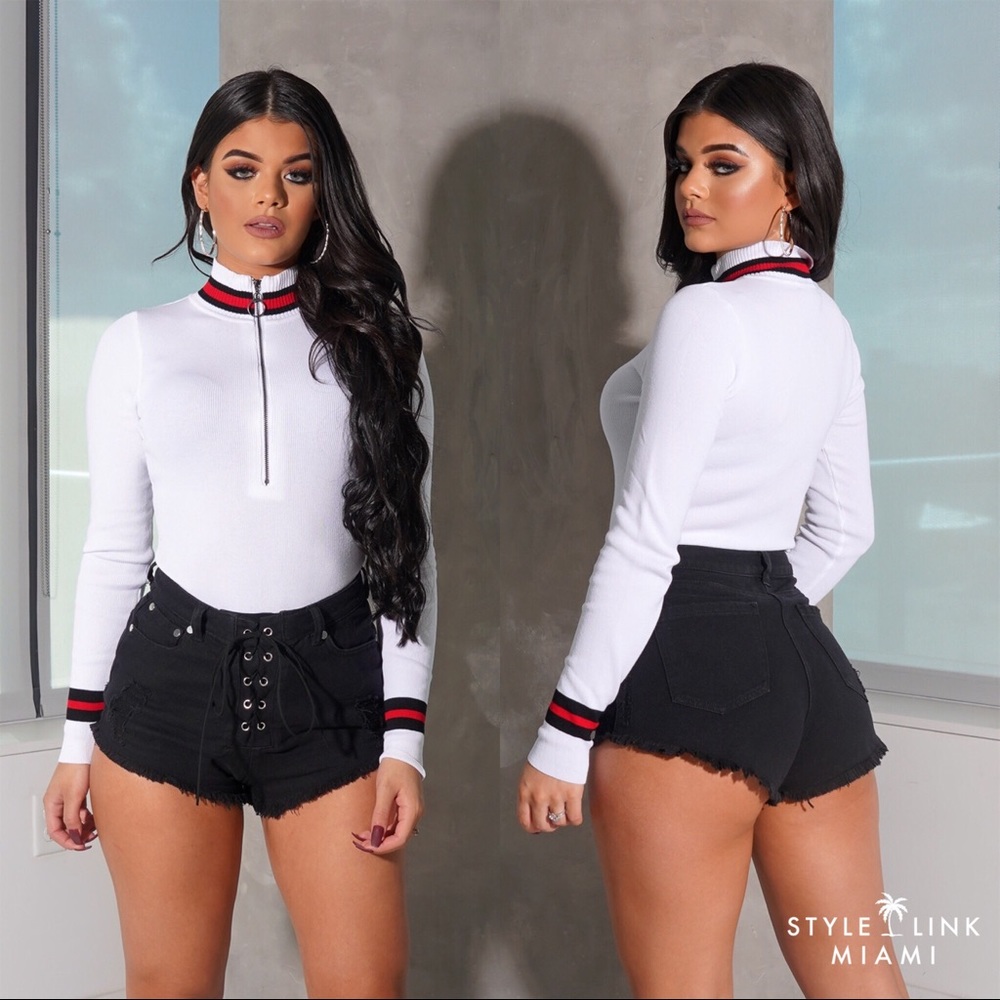 White Striped Turtleneck Bodysuit